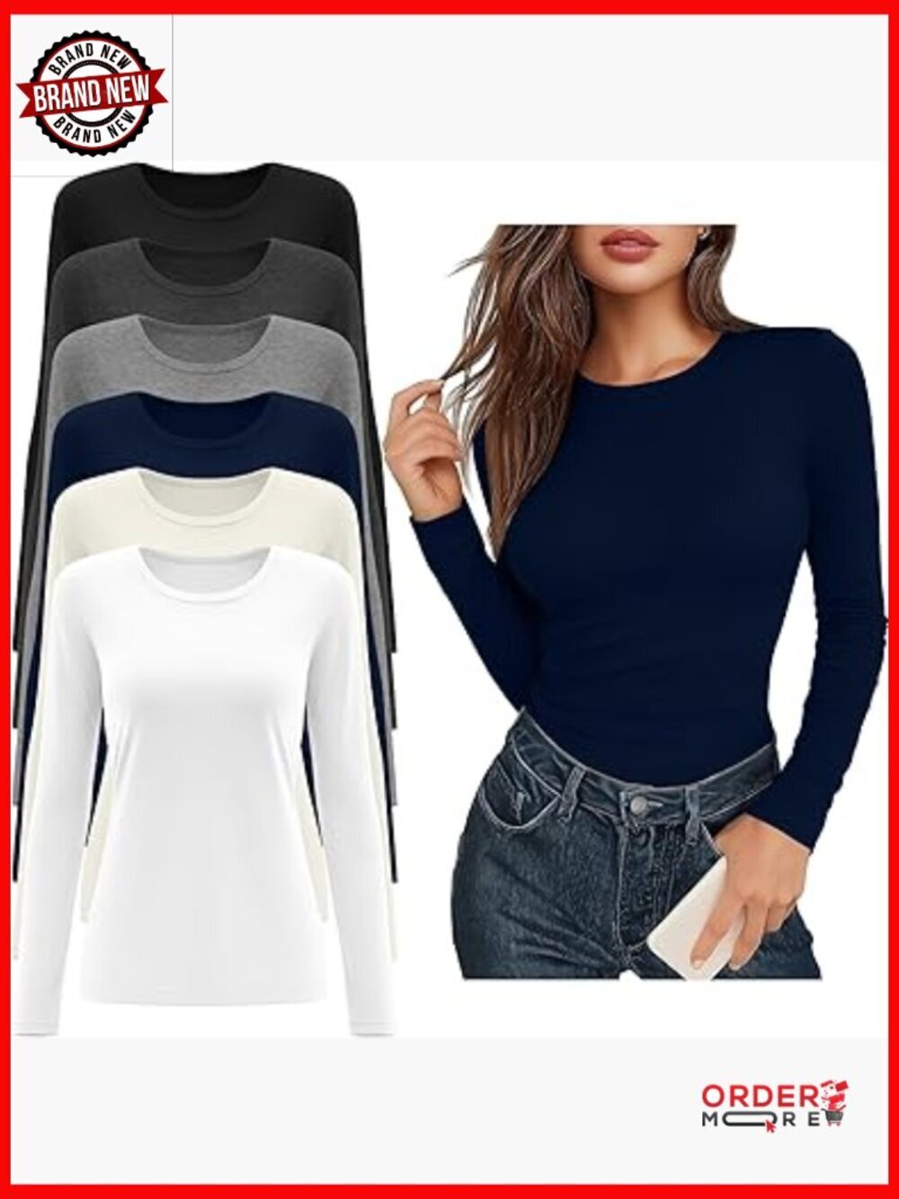 6-Pack Women's Long Sleeve Slim Fit Tees, Basic Crew Neck T-Shirts Pack